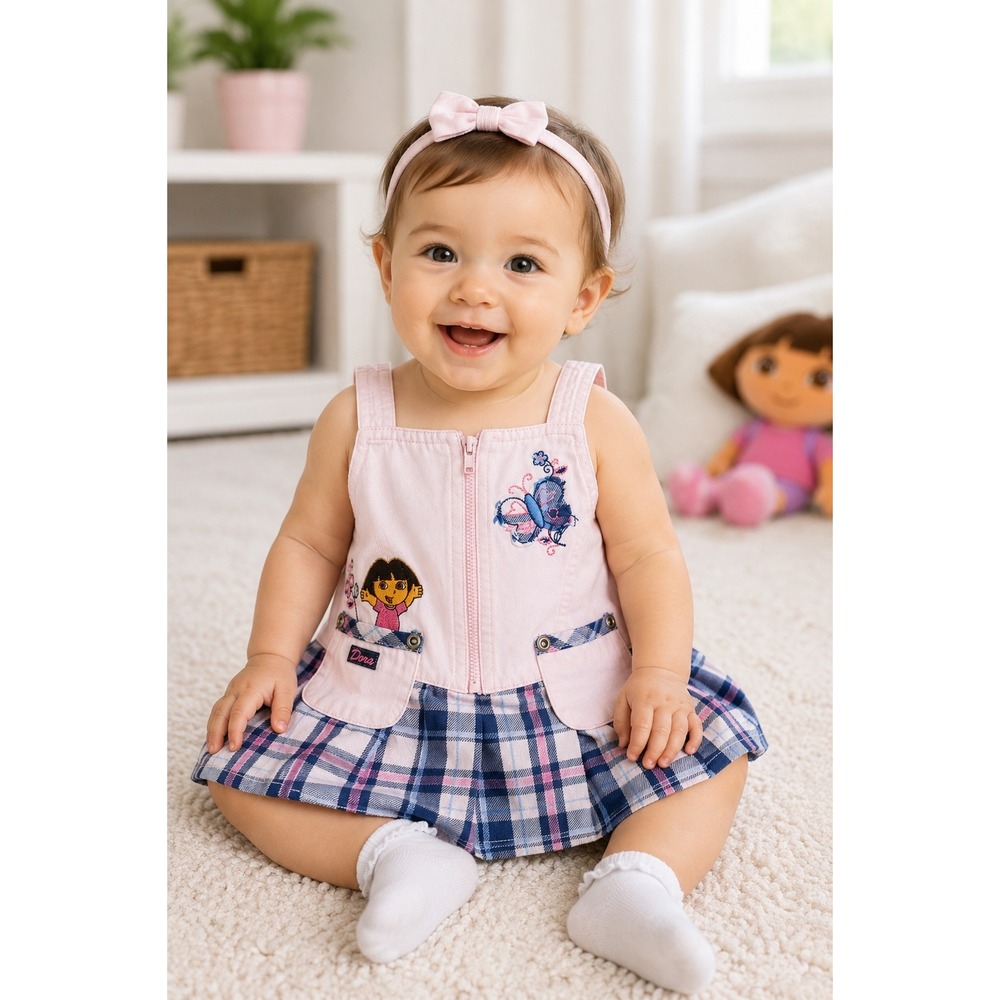 Vintage Y2K Dora The Explorer Dress Nick Jr Girl 18M Pink Plaid Jumper Butterfly